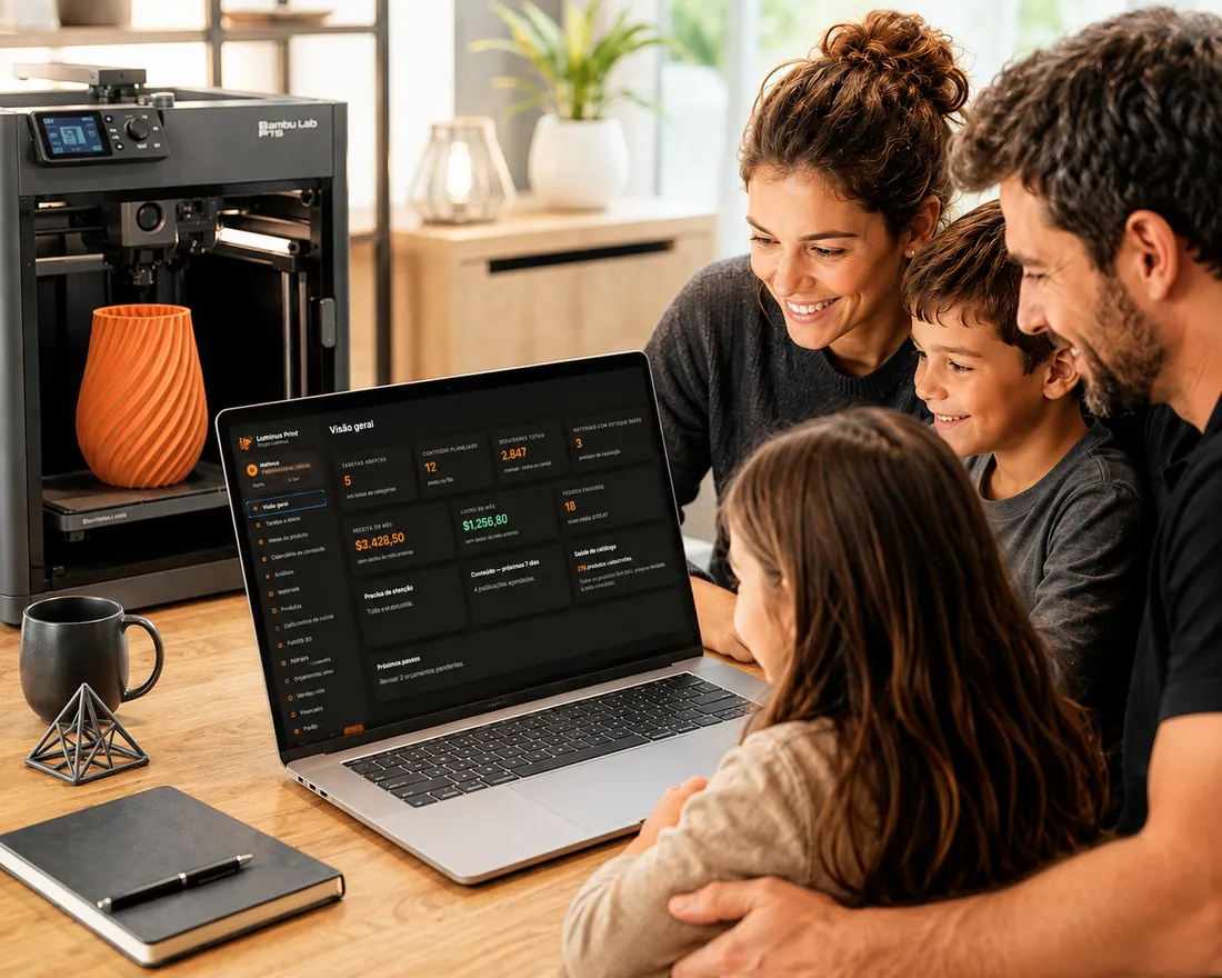 Família acompanhando o painel do Luminus Print num notebook