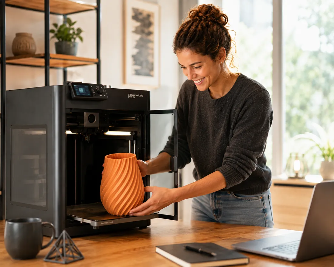 Mulher tirando um vaso laranja recém-impresso de uma impressora 3D