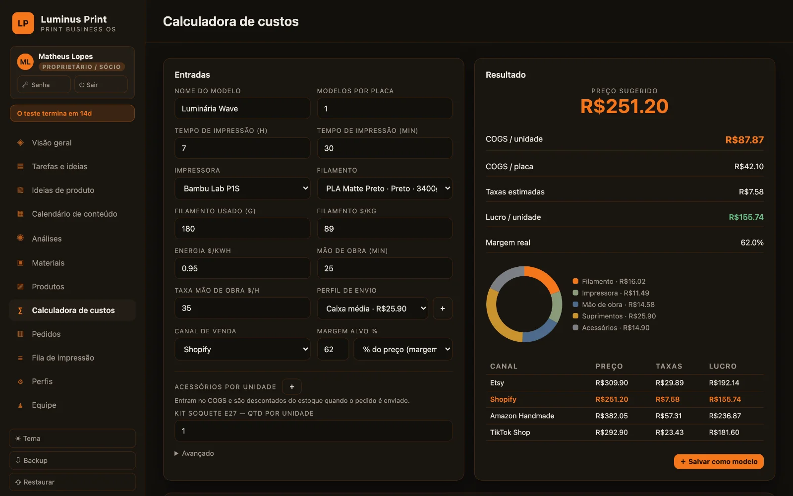 Calculadora de custos com preço sugerido e comparativo de canais